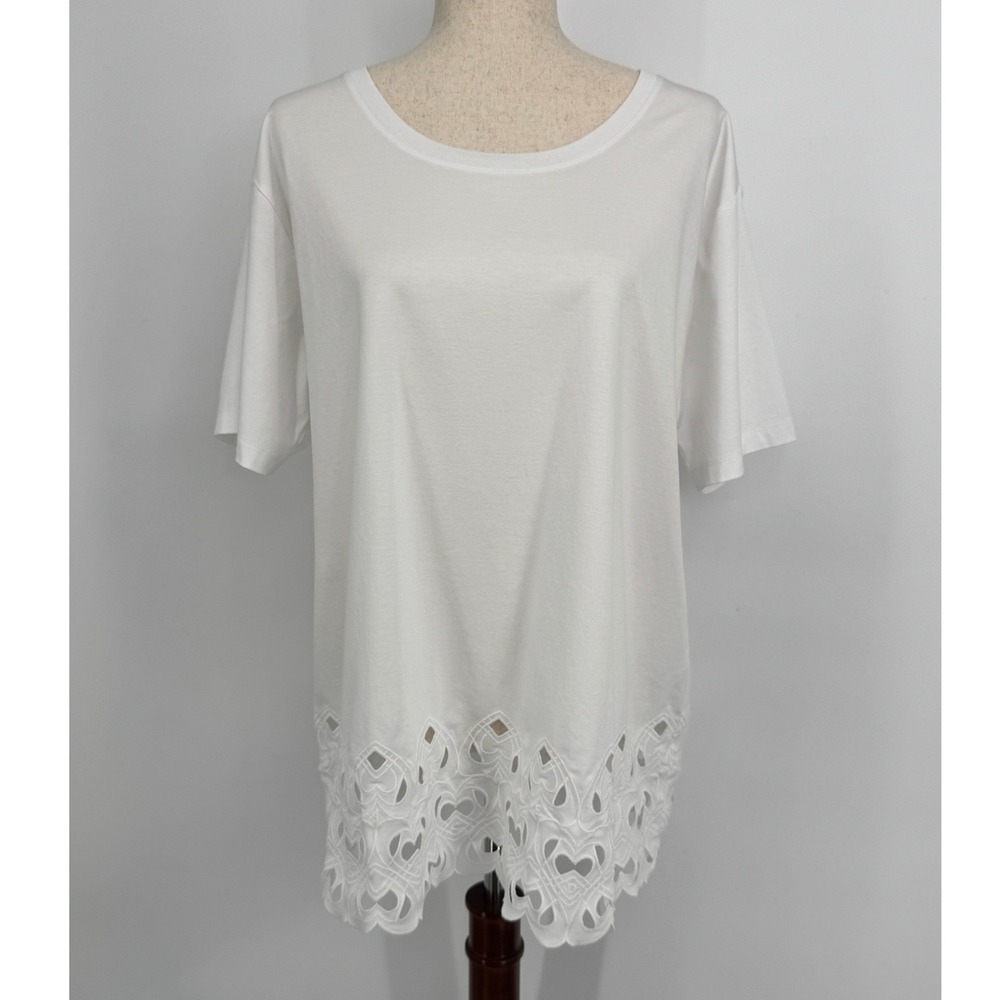 Escada Sport Laser Cut Eyelet Hem T-Shirt Blouse Large White Designer Cotton